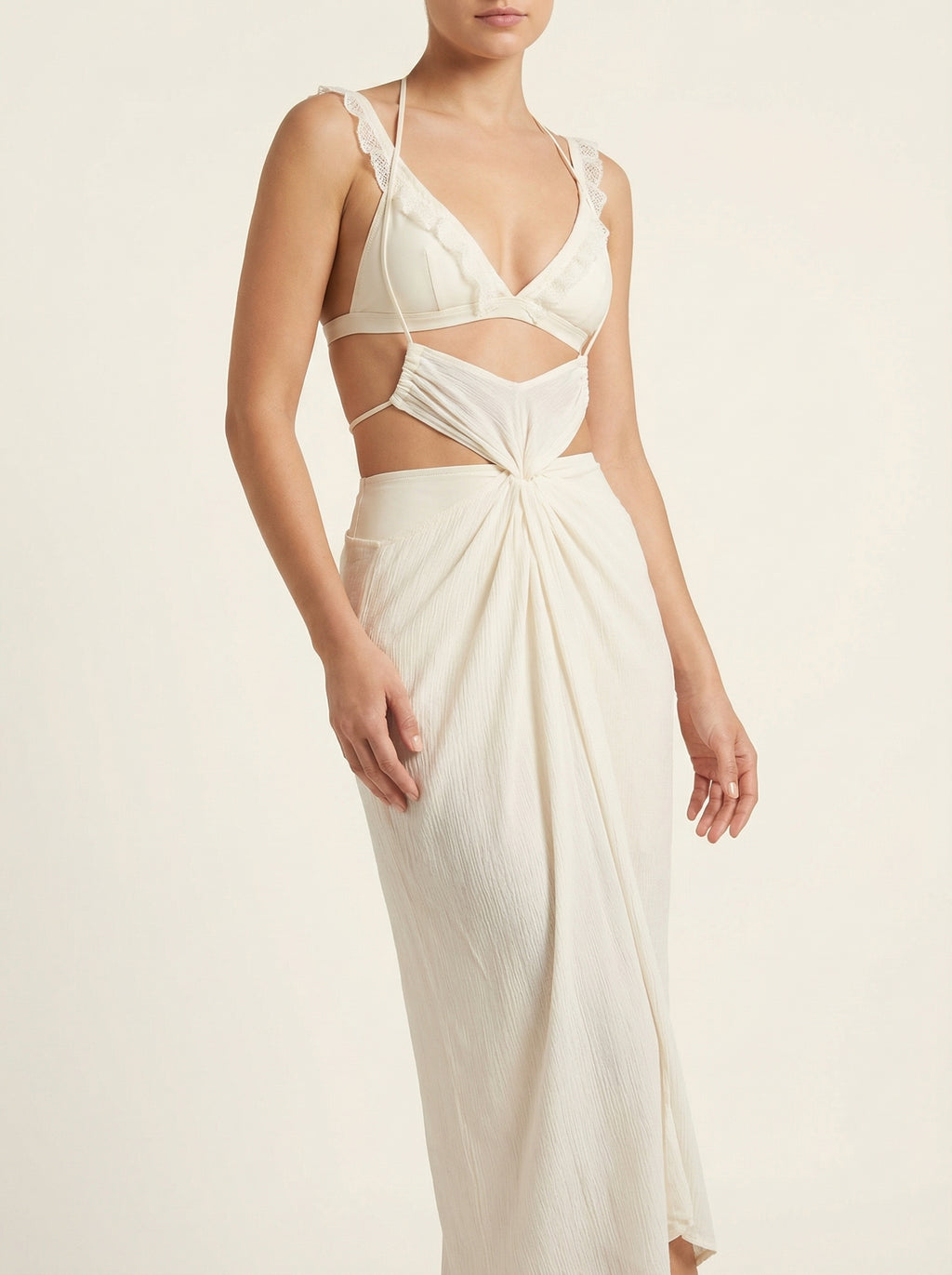 The Solène — Cream Cutout Maxi Swim Dress - 02-model-angle