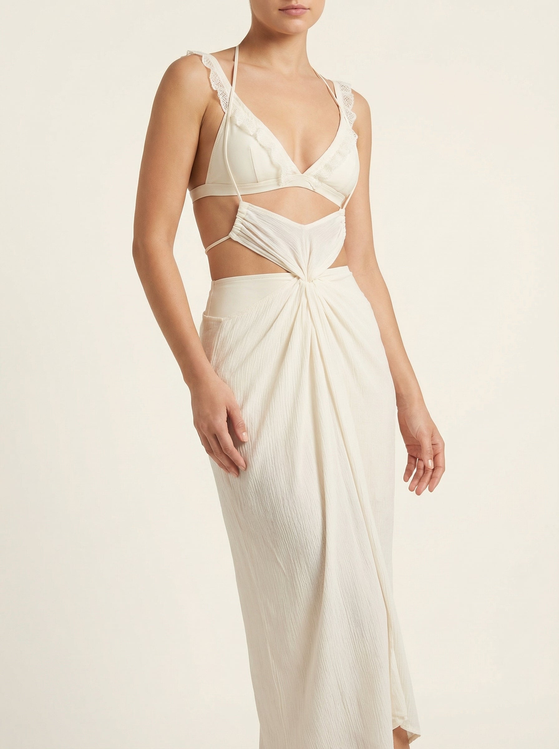 The Solène — Cream Cutout Maxi Swim Dress - 02-model-angle