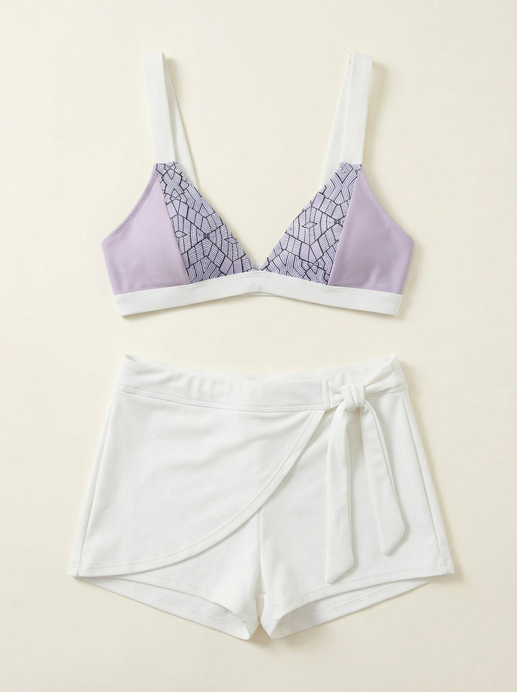 The Mosaic — Lavender Geometric Print Bikini - 05-structure-white-shorts